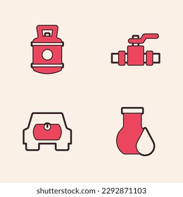 Set Oil petrol test tube, Propane gas tank, Metallic pipes and valve and Gas for vehicle icon. Vector