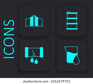 Set Oil petrol test tube, tank storage, Barrel oil and Broken pipe with valve icon. Black square button. Vector