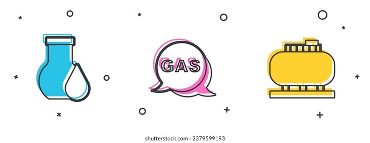 Set Oil petrol test tube, Location and gas station and tank storage icon. Vector