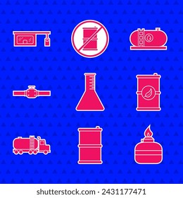 Set Oil petrol test tube, Barrel oil, Alcohol or spirit burner, Bio fuel barrel, Tanker truck, Industry pipes and valve, industrial factory building and Gas filling station icon. Vector