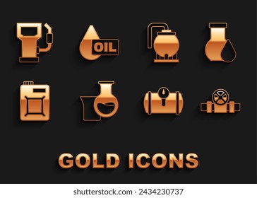 Set Oil petrol test tube, Metallic pipes and valve, Gas tank for vehicle, Canister motor oil, storage, Petrol gas station and drop icon. Vector