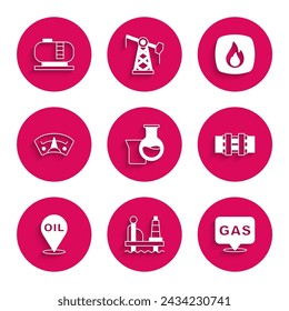 Set Oil petrol test tube, platform in the sea, Location and gas station, Metallic pipes valve, Refill fuel location, Motor gauge, Fire flame and tank storage icon. Vector