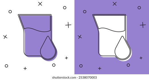 Icono del tubo de ensayo de la gasolina del aceite aislado en el fondo blanco y púrpura. Matraz de química y caída de gota.  Vector