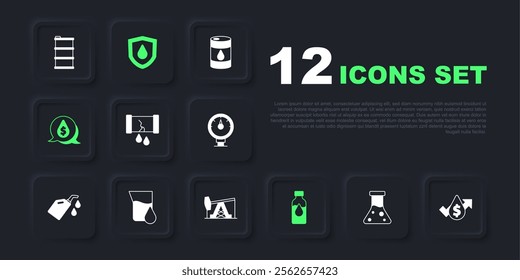 Set Oil petrol test tube, price increase, Broken oil pipe with valve, drop dollar symbol, on shield and pump or pump jack icon. Vector