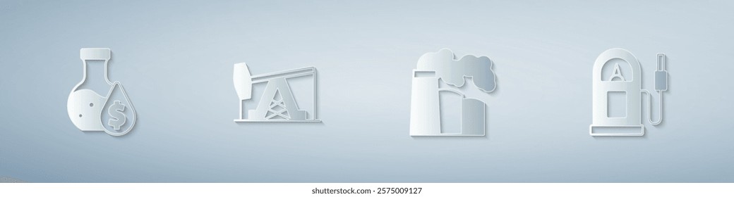 Set Oil petrol test tube, pump or pump jack, and gas industrial factory and Petrol station. Paper art style. Vector