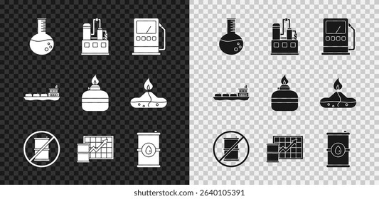 Set Oil petrol test tube, industrial factory building, Petrol gas station, No barrel for gasoline, price increase, Barrel oil, tanker ship and Alcohol spirit burner icon. Vector