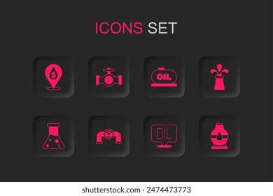 Set Oil pipe with valve, drop dollar symbol, Word oil, rig, tank storage,  and petrol test tube icon. Vector