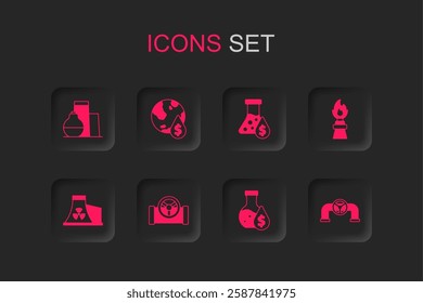 Set Oil pipe with valve, drop dollar symbol, tank storage, petrol test tube, rig fire,  and Nuclear power plant icon. Vector