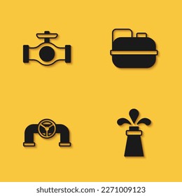 Set Oil pipe with valve, rig,  and Canister for gasoline icon with long shadow. Vector