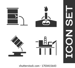 Ponga plataforma de aceite en el mar, fuga de aceite de barril, fuga de aceite de barril y plataforma de aceite con icono de fuego. Vector