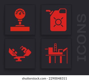 Set Oil platform in the sea, Gauge scale, Canister for motor oil and Wrecked oil tanker ship icon. Vector