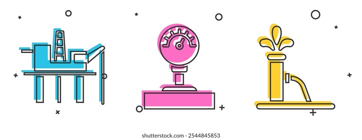 Set Oil platform in the sea, Gauge scale and Oil pump or pump jack icon. Vector