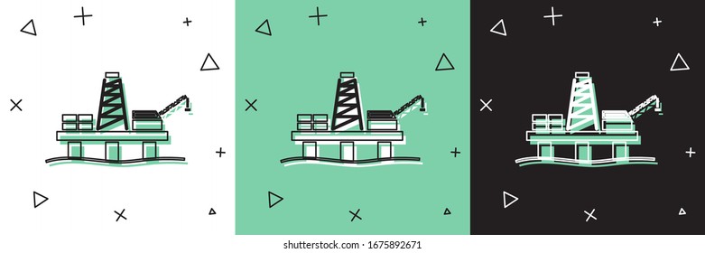 Set Oil platform in the sea icon isolated on white and green, black background. Drilling rig at sea. Oil platform, gas fuel, industry offshore.  Vector Illustration