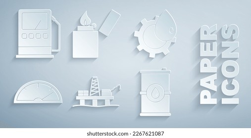 Set Oil platform in the sea, industrial factory building, Speedometer, Barrel oil, Lighter and Petrol gas station icon. Vector