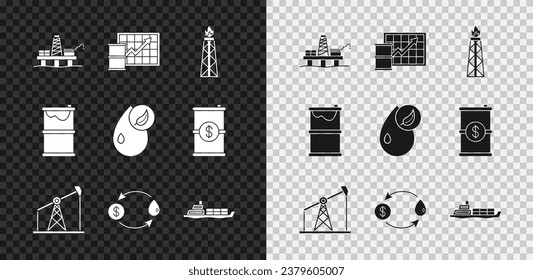 Set Oil platform in the sea, price increase, rig with fire, pump pump jack, exchange, tanker ship, Barrel oil leak and Bio fuel icon. Vector