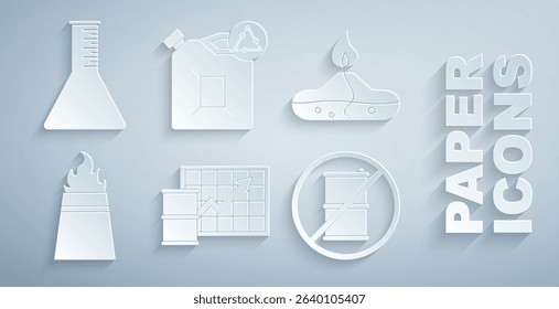 Set Oil price increase, Alcohol or spirit burner, rig with fire, No barrel for gasoline, Eco fuel canister and petrol test tube icon. Vector