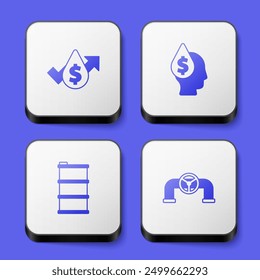 Set Oil price increase, drop with dollar symbol, Barrel oil and pipe valve icon. White square button. Vector