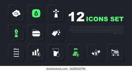 Set Oil price increase, platform the sea, Canister gasoline, petrol test tube, rig with fire, Pie chart and dollar, drop symbol and  icon. Vector