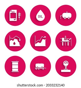 Set Oil price increase, railway cistern, Gauge scale, platform the sea, Barrel oil, Drop crude, industrial factory building and Contract money and pen icon. Vector