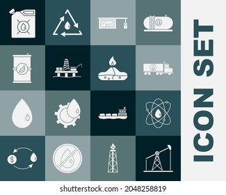 Ponga la bomba de aceite o el gato de la bomba, Atom, el camión cisterna, la estación de llenado de gas, la plataforma del mar, el barril de combustible Bio, el aceite de la máquina de motor del cartucho y el icono de la quemadora de alcohol. Vector