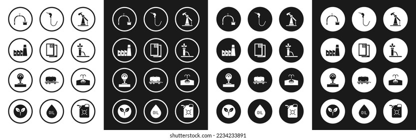 Set Oil pump or pump jack, Barrel oil, industrial factory building, Industry pipe and valve, Gasoline nozzle, Oilfield and Gauge scale icon. Vector