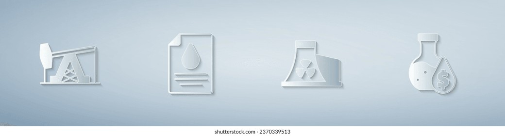 Ponga la bomba de aceite o el gato de la bomba, el dinero del contrato y la pluma, la planta de energía nuclear y el tubo de ensayo de gasolina. Estilo de arte de papel. Vector