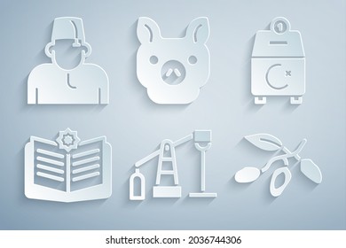 Set Oil Pump Or Pump Jack, Donate Pay Your Zakat, Holy Book Of Koran, Date Fruit, Pig And Muslim Man Icon. Vector