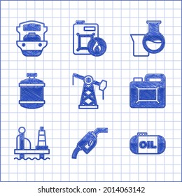 Ponga la bomba de aceite o el gato de la bomba, la boquilla de gasolina, el depósito de tanques, el cartucho para el aceite de motor, la plataforma del mar, el gas propano, el tubo de ensayo de la gasolina y el icono del buque cisterna. Vector