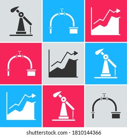 Set Oil pump or pump jack, Industry pipe and valve and Oil price increase icon. Vector