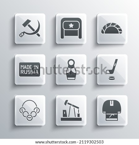 Set Oil pump or pump jack, Kosovorotka, Ice hockey stick and puck, Russian doll matryoshka, bagels, Made in, Hammer sickle USSR and Dumpling icon. Vector