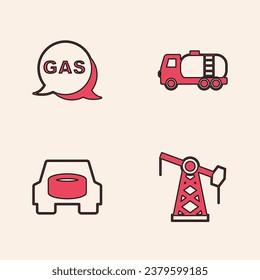 Set Oil pump or pump jack, Location and gas station, Tanker truck and Spare wheel in the car icon. Vector