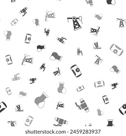 Set Oil pump or pump jack, Metallic pipes and valve, Gas tank for vehicle and petrol test tube on seamless pattern. Vector