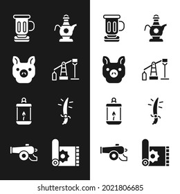 Die Ölpumpe oder die Pumpenbuchse, Schwein, mittelalterliche Kugel, islamischer Teekessel, Ramadan Kareem Laterne, arabisches Säbel, Traditioneller Teppich und Kanonensymbol. Vektorgrafik