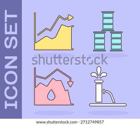 Set Oil pump or pump jack, Oil price increase, Drop in crude oil price and Barrel oil icon. Vector