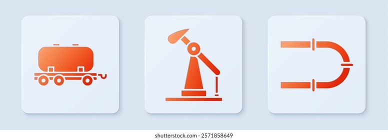 Set Oil pump or pump jack, Oil railway cistern and Industry pipe. White square button. Vector