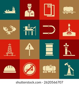 Definir bomba de óleo ou jack de bomba, equipamento com fogo, óleo de barril, plataforma no mar, navio petroleiro Wrecked, e ícone de tubulação da indústria. Vetor
