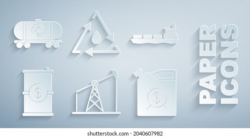 Ponga la bomba de aceite o el gato de la bomba, el barco cisterna, el aceite de barril con dólar, el cartucho para la máquina de motor, el reciclaje de gota y el icono de la cisterna de ferrocarril. Vector