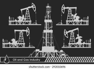 Set of oil pumps and rig silhouettes. Detail vector illustration.