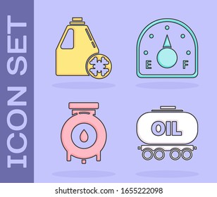 Set Oil railway cistern, Antifreeze canister, Oil and gas industrial factory building and Motor gas gauge icon. Vector