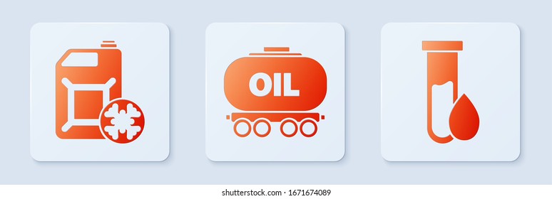 Set Oil railway cistern, Antifreeze canister and Oil petrol test tube. White square button. Vector