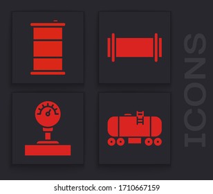 Set Oil railway cistern, Barrel oil, Industry pipe and Gauge scale icon. Vector