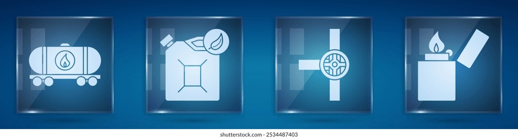 Set Cisterna de ferrocarril de aceite, Bio depósito de combustible, tuberías de la industria y válvula y encendedor. Paneles de vidrio cuadrados. Vector