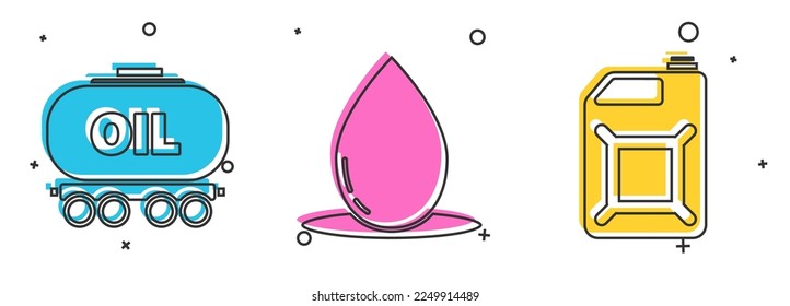 Set Oil railway cistern, Oil drop and Canister for gasoline icon. Vector