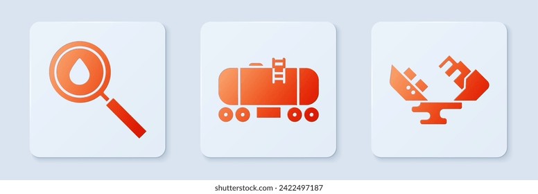 Set Oil railway cistern, Oil drop and Wrecked oil tanker ship. White square button. Vector