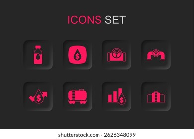 Set Oil railway cistern, drop with dollar symbol, petrol test tube, Pie chart and, pipe valve, tank storage,  and price increase icon. Vector