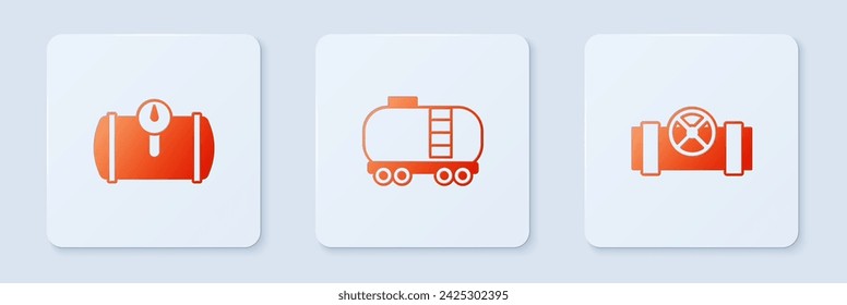 Set Oil railway cistern, Gas tank for vehicle and Metallic pipes and valve. White square button. Vector