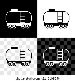 Set Oil railway cistern icon isolated on black and white, transparent background. Train oil tank on railway car. Rail freight. Oil industry.  Vector