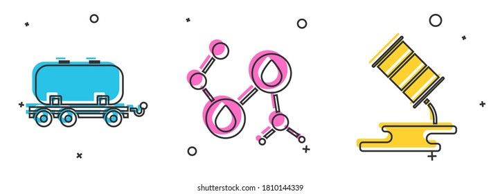 Set Oil railway cistern, Molecule oil and Barrel oil leak icon. Vector