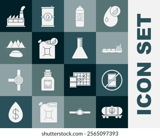 Set Oil railway cistern, No barrel for gasoline, tanker ship, Canister motor machine oil, Bio fuel canister, Oilfield, industrial factory building and petrol test tube icon. Vector