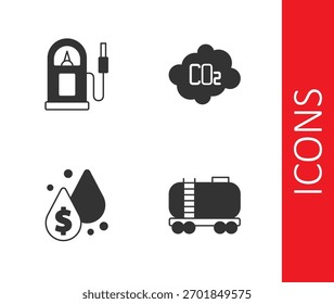 Definir cisterna ferroviária de óleo, gasolina ou posto de gasolina, queda com símbolo de dólar e emissões de CO2 no ícone de nuvem. Vetor